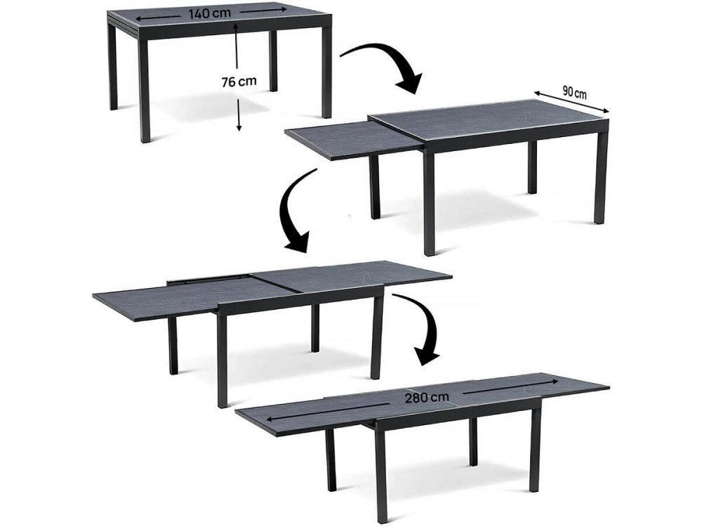 Gartentisch aus Aluminium ausziehbar "Lagos" - 140/280 x 90 x 76 cm - Schwarz