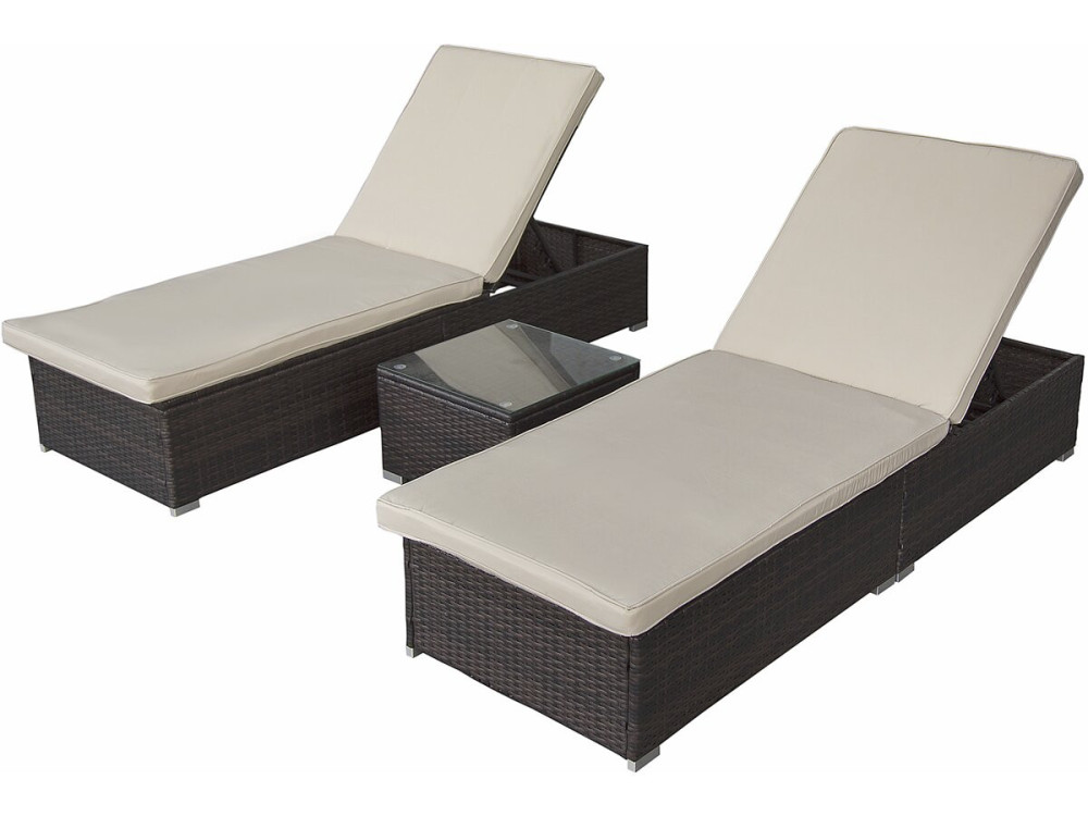2er-Set Sonnenliegen aus Harzgeflecht mit Kissen und Couchtisch "Alice" - Braun