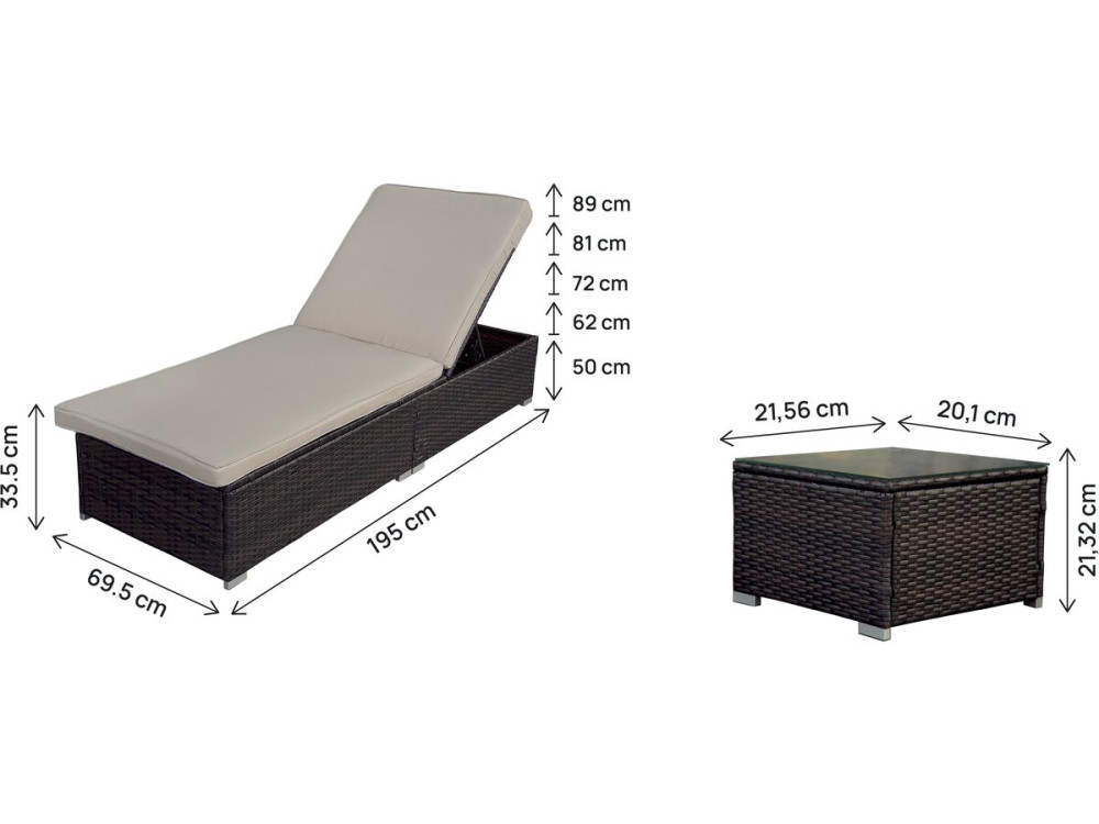 2er-Set Sonnenliegen aus Harzgeflecht mit Kissen und Couchtisch "Alice" - Braun
