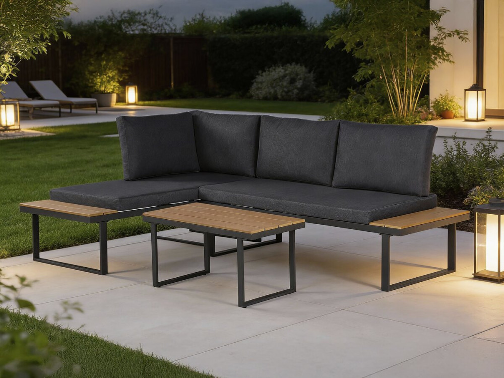 Gartenmöbel Ecksofa mit Holzimitatdekor "Liora" - 4 Sitzplätze - Grau