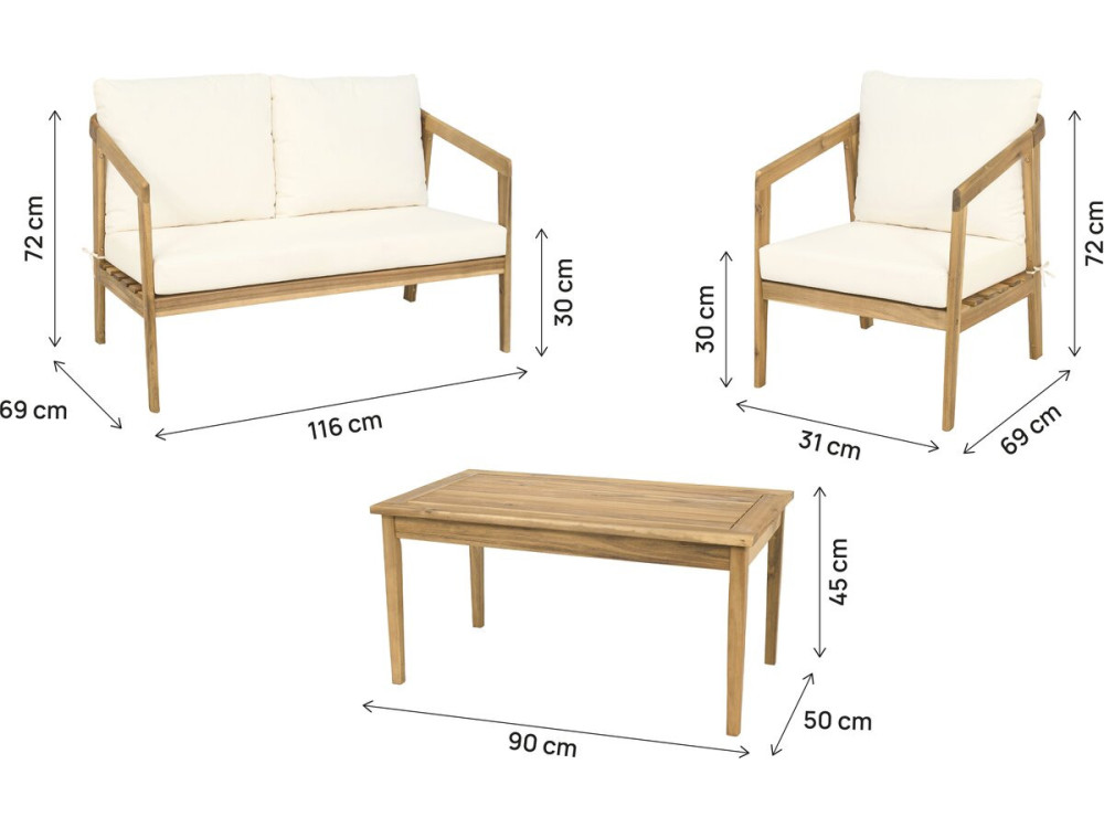 Gartenmöbel aus Akazienholz mit Kissen "Presley" - 4 Sitzplätze - Beige