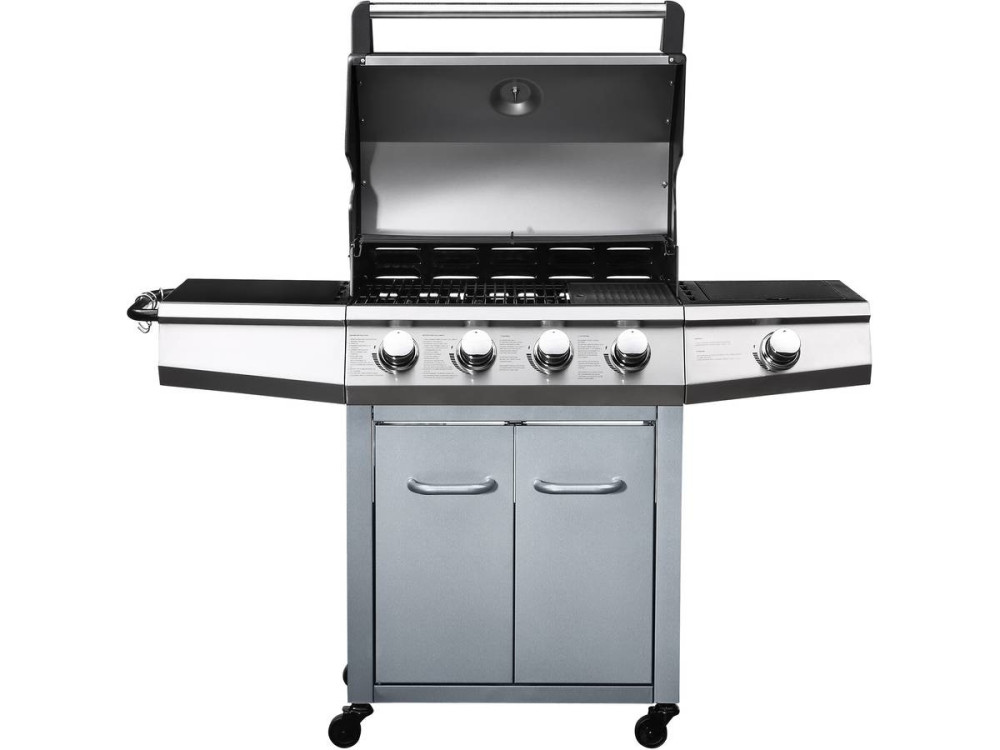 Gasgrill mit LED "Bingo 5" - 5 Brenner davon 1 Seitenbrenner - 15,2 kW + Schutzhülle - Silberfarben