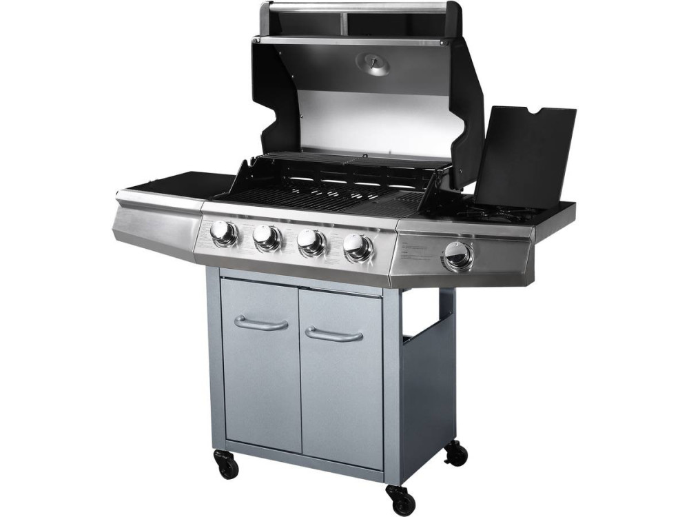 Gasgrill mit LED "Bingo 5" - 5 Brenner davon 1 Seitenbrenner - 15,2 kW + Schutzhülle - Silberfarben