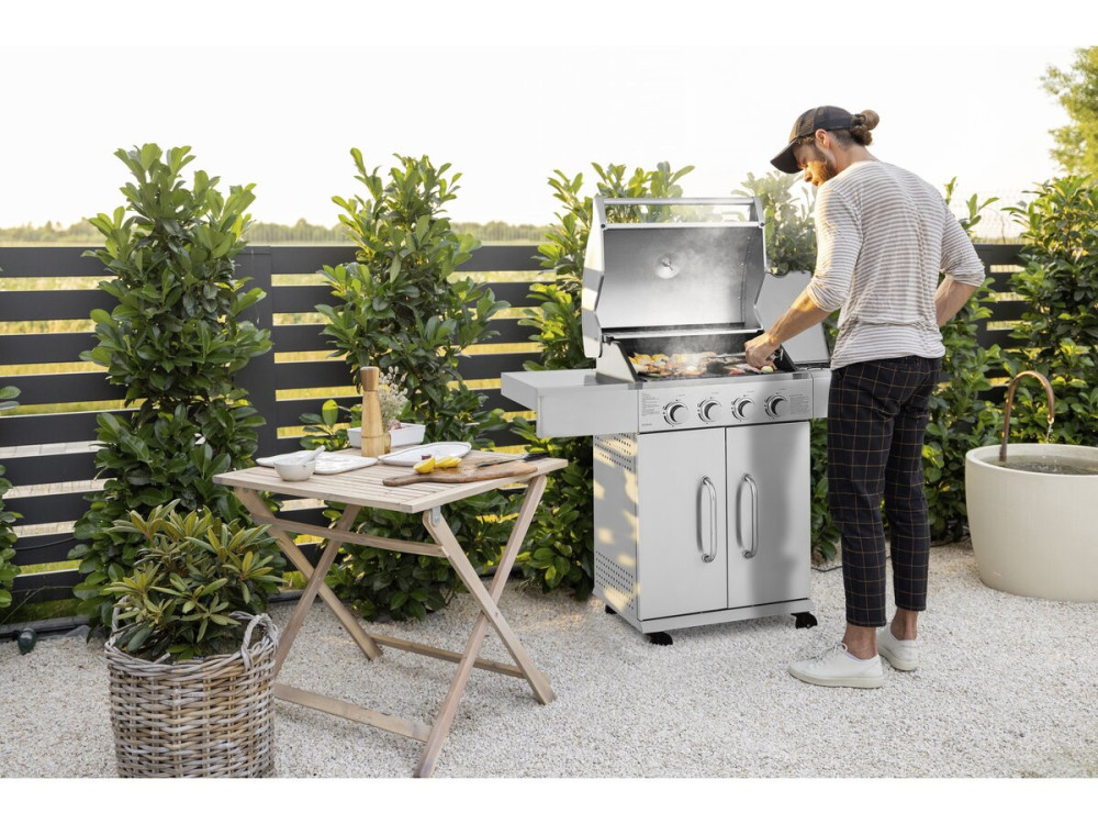 Gasgrill aus Edelstahl mit 5 Brennern, davon 1 Seitenbrenner "Brazzo" - 118 x 57 x 104 cm - Hellgrau