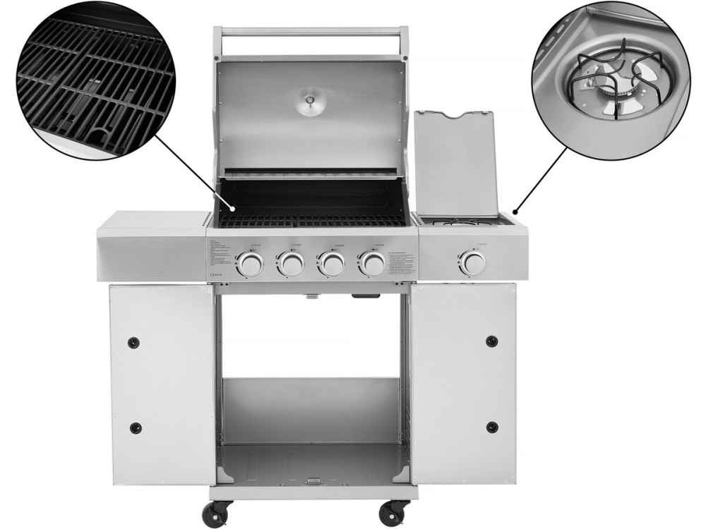 Gasgrill aus Edelstahl mit 5 Brennern, davon 1 Seitenbrenner "Brazzo" - 118 x 57 x 104 cm - Hellgrau