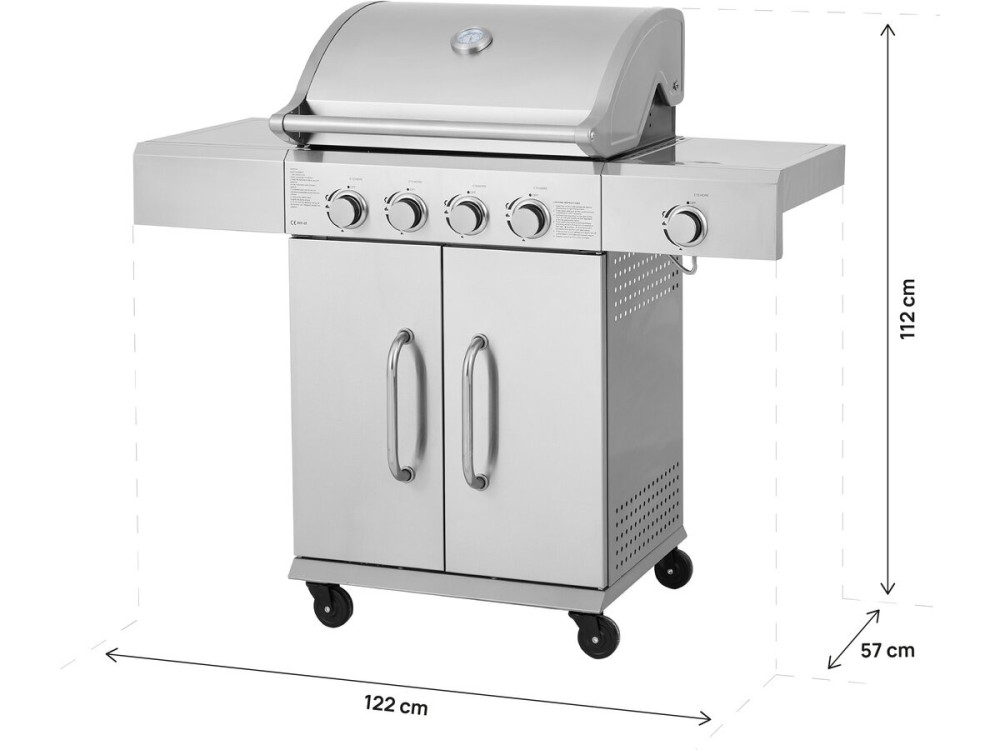 Gasgrill aus Edelstahl mit 5 Brennern, davon 1 Seitenbrenner "Brazzo" - 118 x 57 x 104 cm - Hellgrau