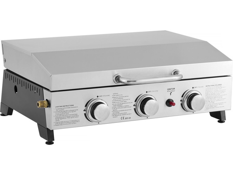 Gasplancha mit 3 Brennern und Metallabdeckung "Fasto" - 7,5 kw - Grau