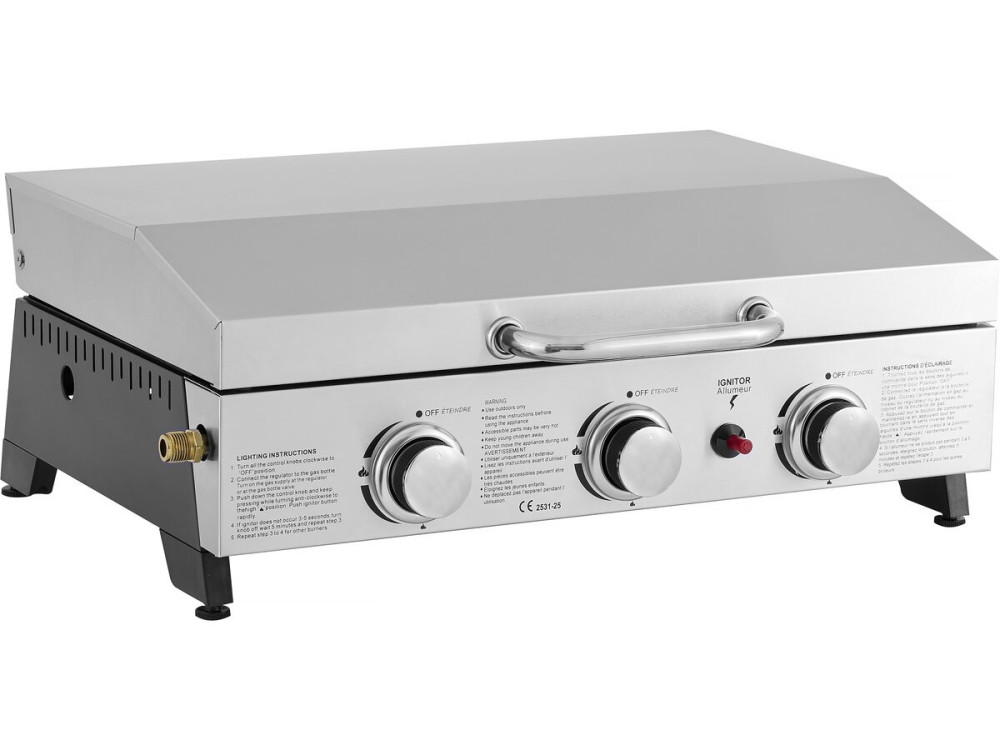 Gasplancha mit 3 Brennern und Metallabdeckung "Fasto" - 7,5 kw - Grau
