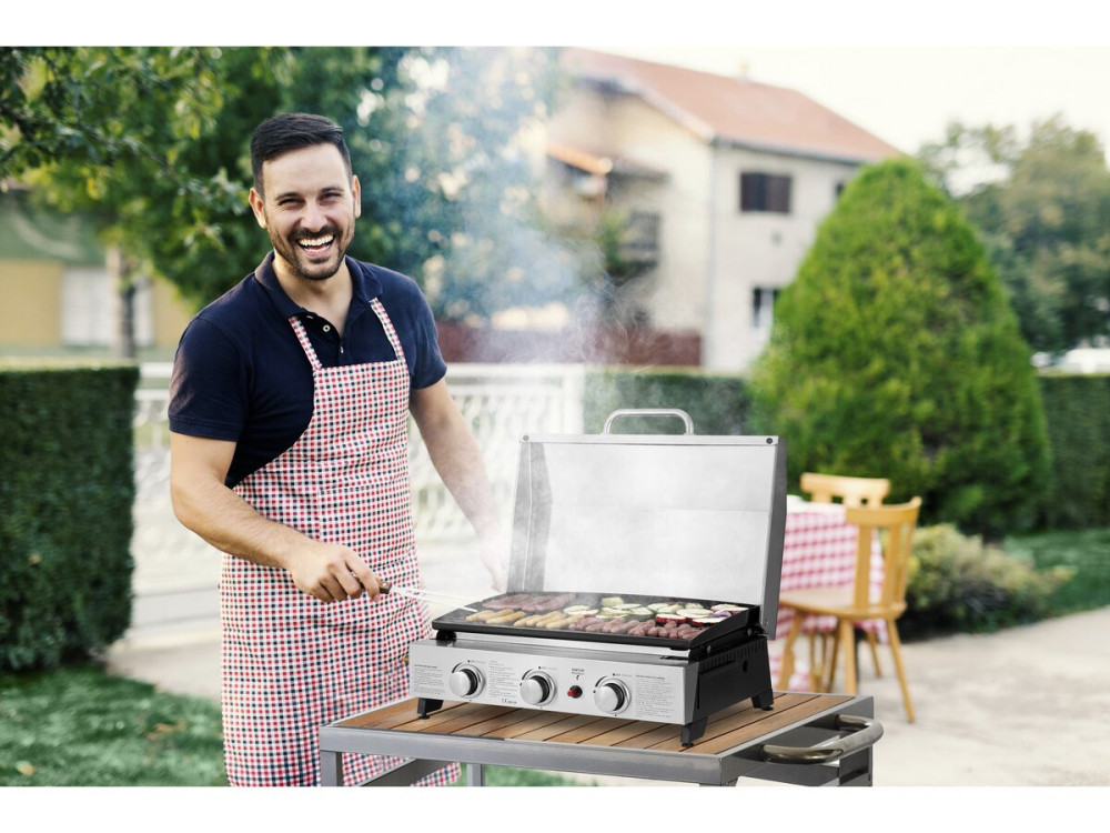 Gasplancha mit 3 Brennern und Metallabdeckung "Fasto" - 7,5 kw - Grau