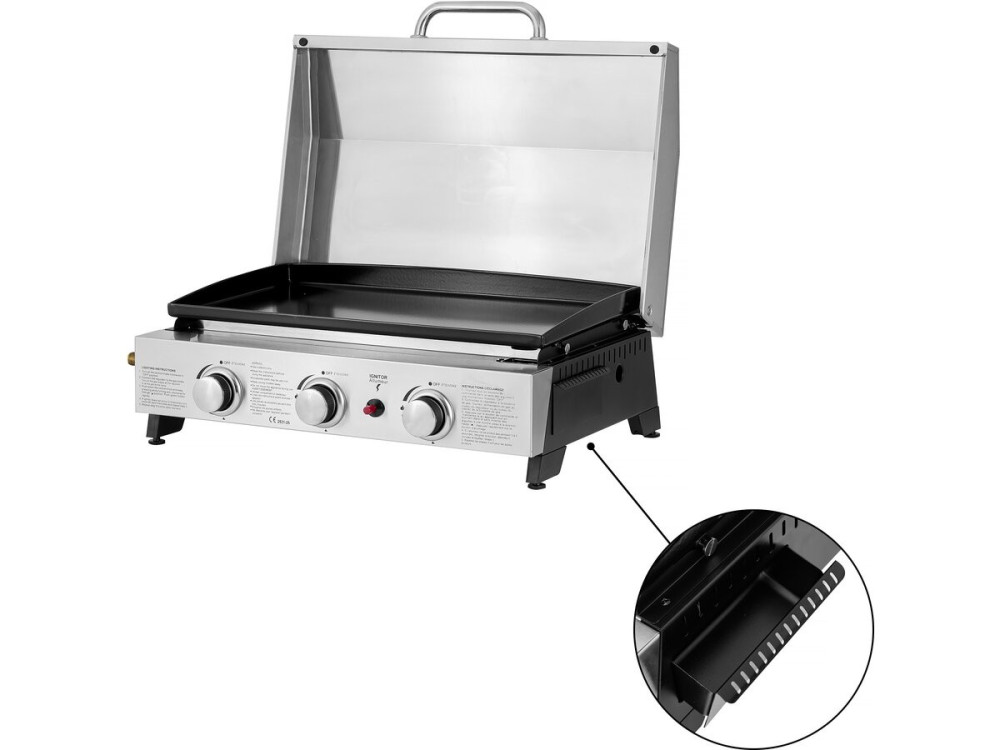 Gasplancha mit 3 Brennern und Metallabdeckung "Fasto" - 7,5 kw - Grau
