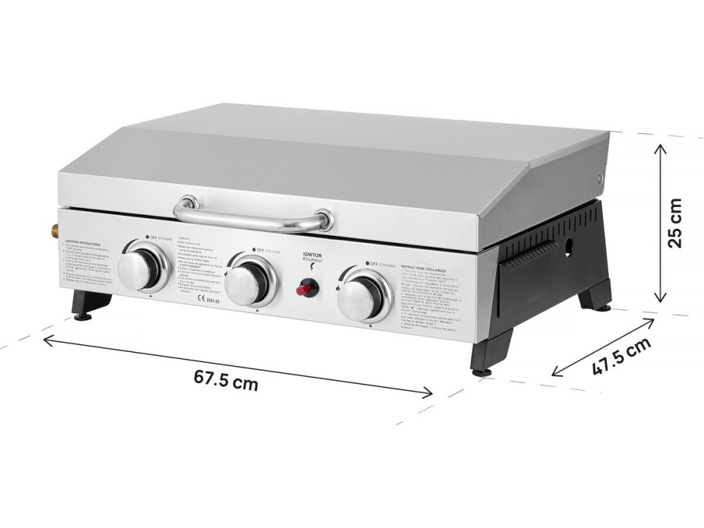 Gasplancha mit 3 Brennern und Metallabdeckung "Fasto" - 7,5 kw - Grau