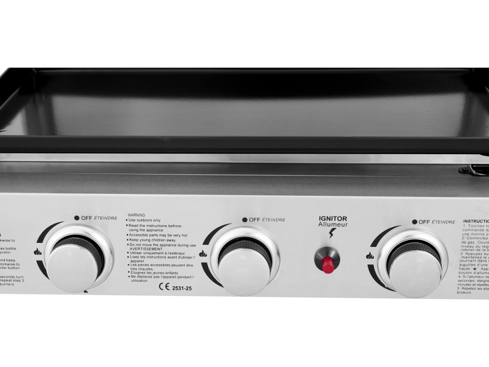 Gasplancha mit 3 Brennern und Metallabdeckung "Fasto" - 7,5 kw - Grau
