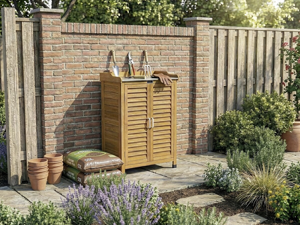Gartenschrank aus Holz mit Rollen "Alexia" - 66 x 41 x 101 cm - Braun