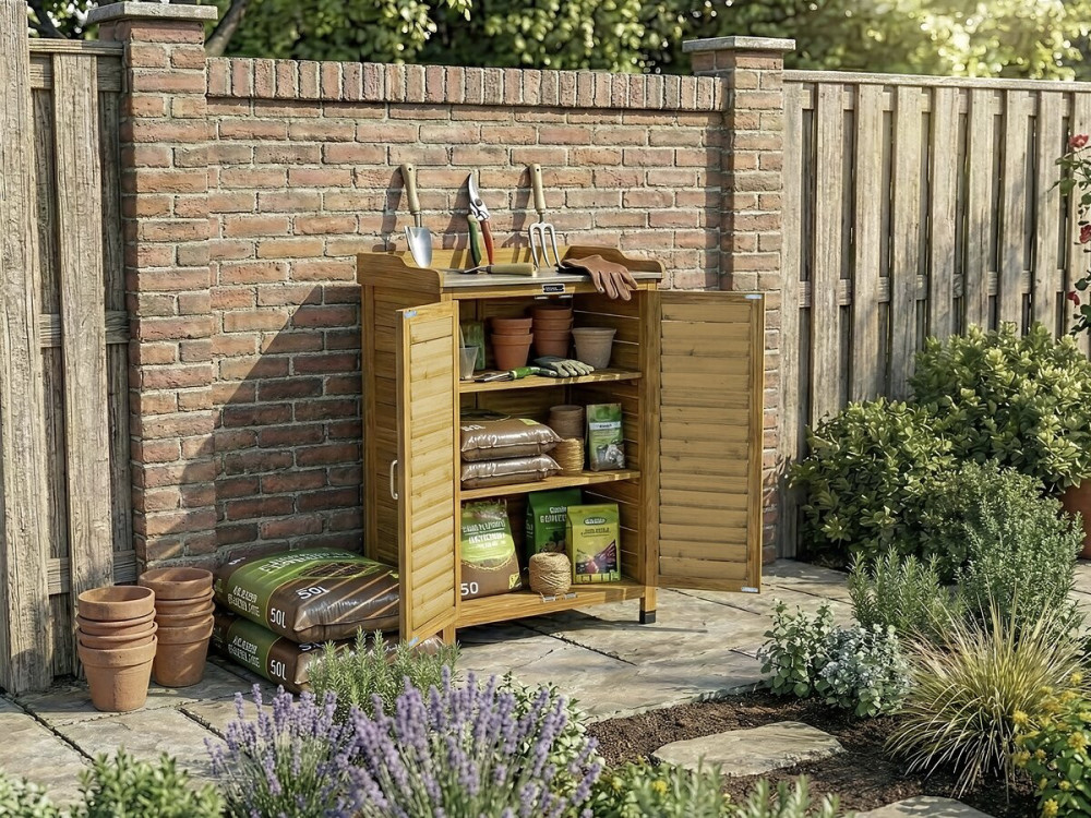 Gartenschrank aus Holz mit Rollen "Alexia" - 66 x 41 x 101 cm - Braun
