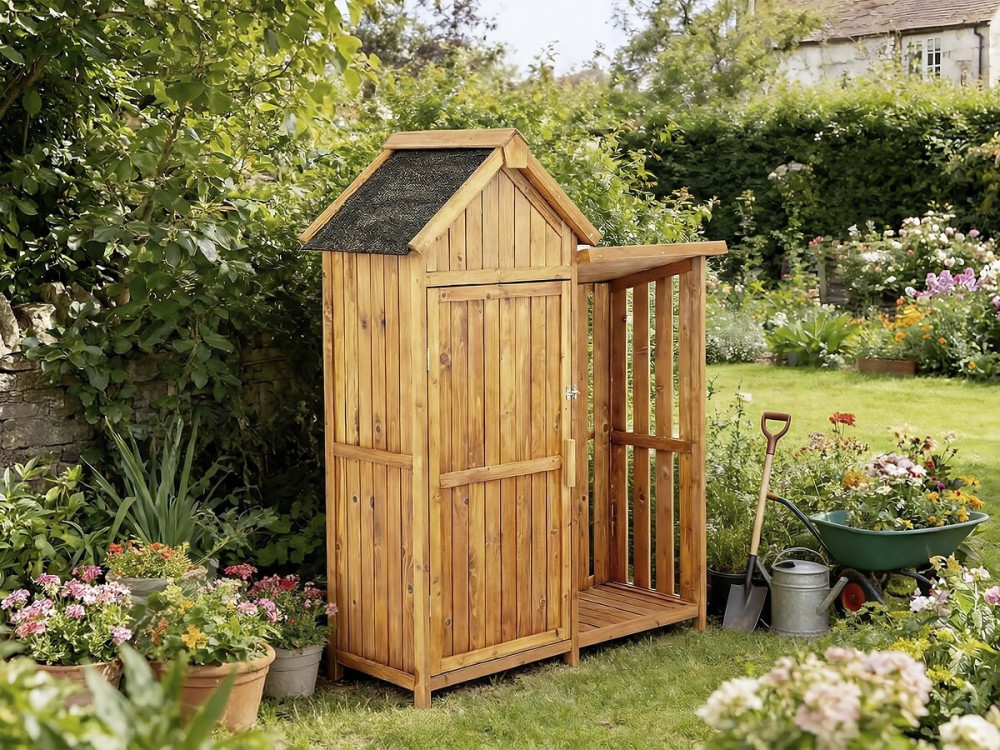 Gartenschrank aus Holz mit Kaminholzablage "Noé" - 136 x 57 x 170 cm - Braun