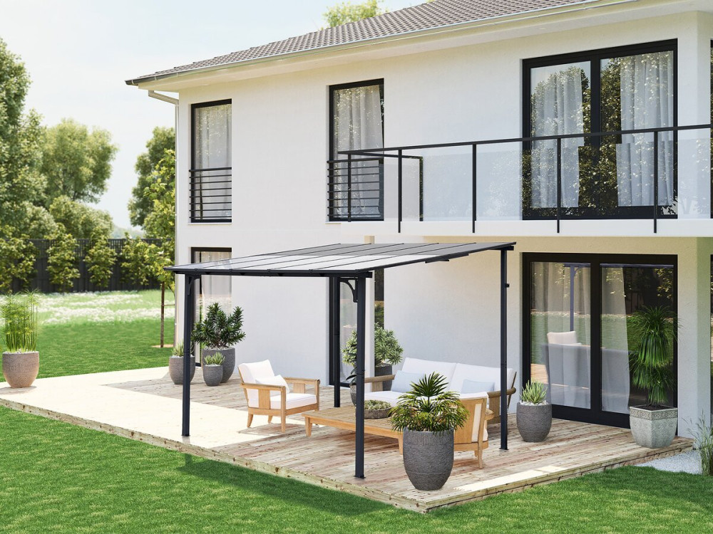 Anbaupergola „Marvin“ – 3 x 3 m – 304 x 298 x 243 cm – Dunkelgrau
