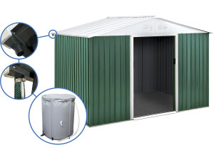Gerätehaus aus Metall - "Rosas " - 7,06 m² mit Wasserauffangbecken und Regenrinne - Grün