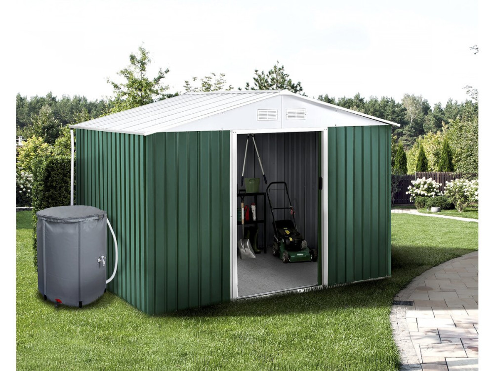 Gerätehaus aus Metall - "Rosas " - 7,06 m² mit Wasserauffangbecken und Regenrinne - Grün
