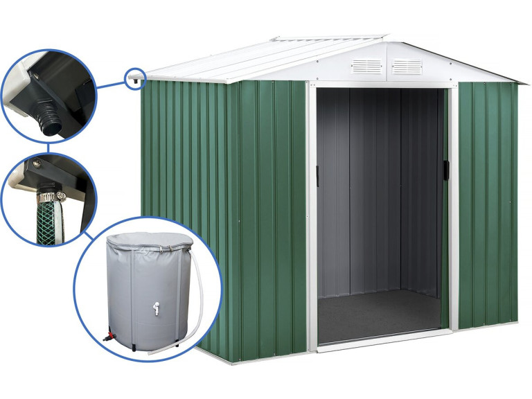 Gerätehaus aus Metall - "Rosas " - 4,07 m² mit Wasserauffangbehälter und Dachrinne - Grün
