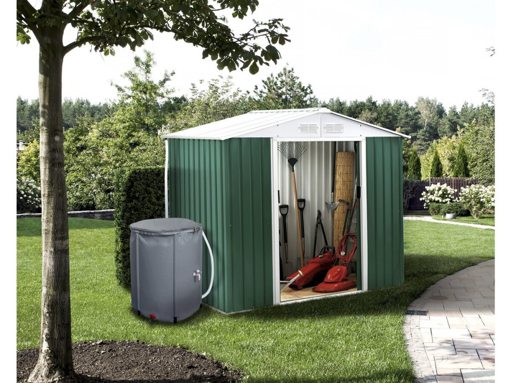 Gerätehaus aus Metall - "Rosas " - 4,07 m² mit Wasserauffangbehälter und Dachrinne - Grün