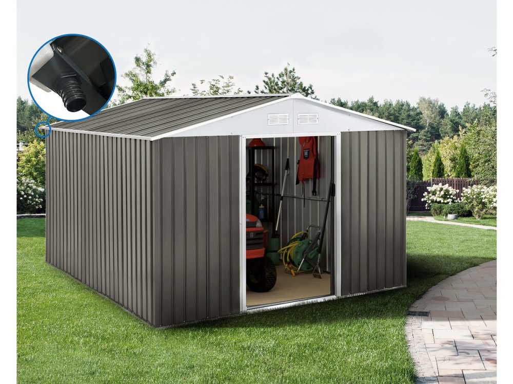Gerätehaus aus Metall „Dallas“ -  15,16 m² mit Dachrinne - Taupe