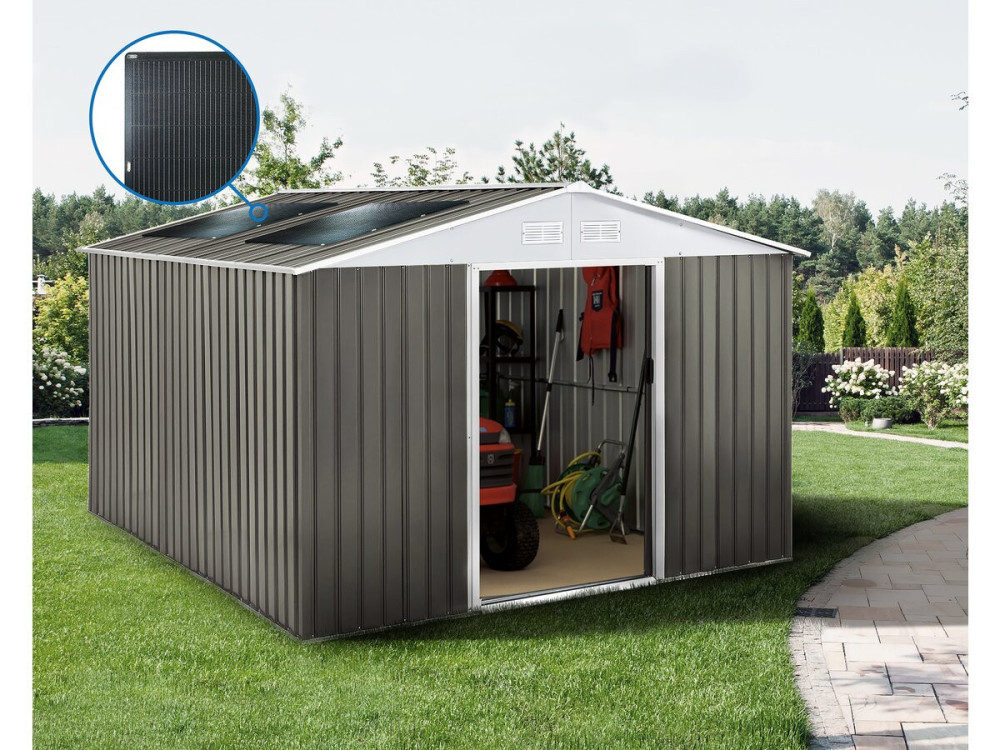 Gerätehaus aus Metall „Dallas“ - 15,16 m² mit Solarpaneelen - Taupe