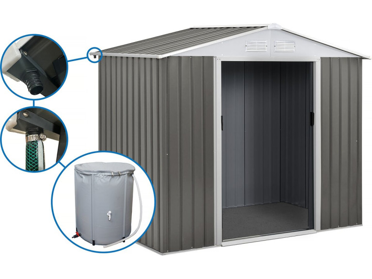 Gerätehaus aus Metall „Dallas“ - 4,07 m² mit Dachrinne und Wasserauffangbehälter - Taupe