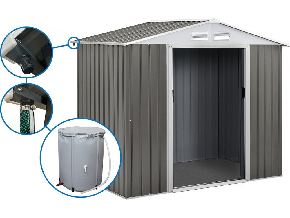 Gerätehaus aus Metall „Dallas“ - 4,07 m² mit Dachrinne und Wasserauffangbehälter - Taupe