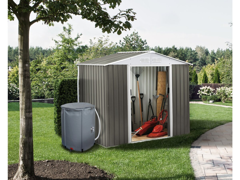 Gerätehaus aus Metall „Dallas“ - 4,07 m² mit Dachrinne und Wasserauffangbehälter - Taupe