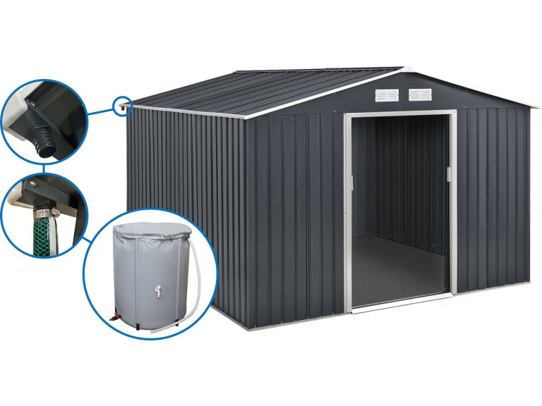 Gerätehaus aus Metall - "Vegas"- 12,98 m² mit Dachrinne und Wasserauffangbehälter - "Vegas" - Grau