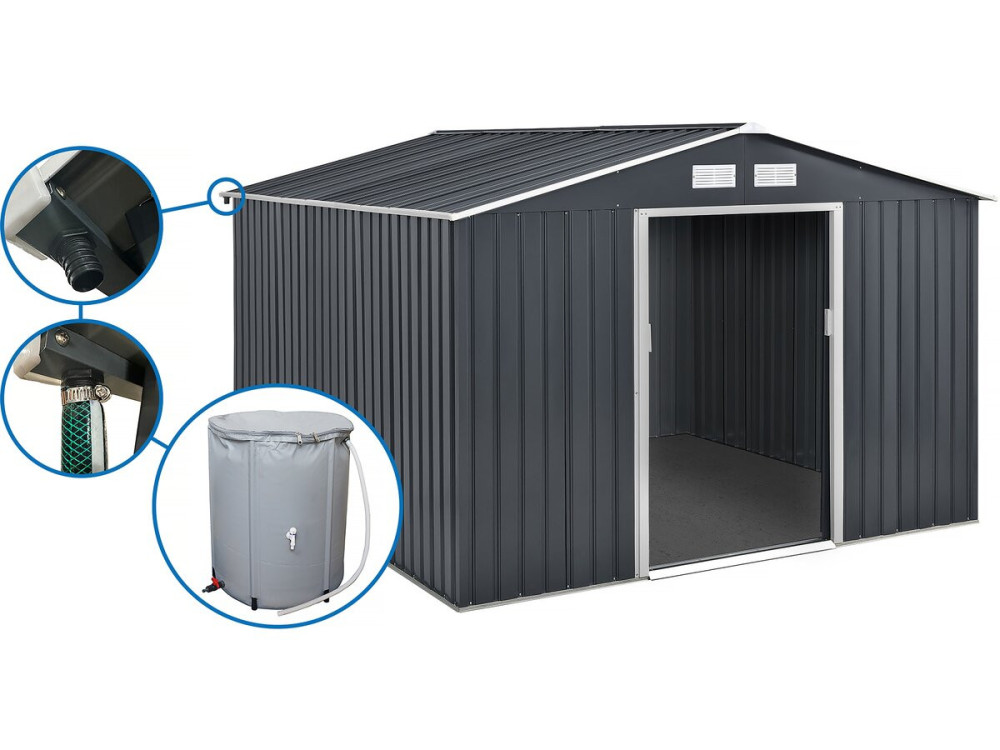 Gerätehaus aus Metall - "Vegas"- 12,98 m² mit Dachrinne und Wasserauffangbehälter - "Vegas" - Grau