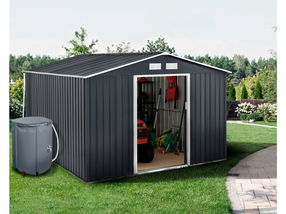 Gerätehaus aus Metall - "Vegas"- 12,98 m² mit Dachrinne und Wasserauffangbehälter - "Vegas" - Grau