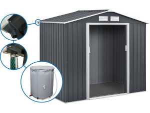 Gerätehaus aus Metall- "Vegas"- 2,7 m² mit Dachrinne und Wasserauffangbehälter - Grau