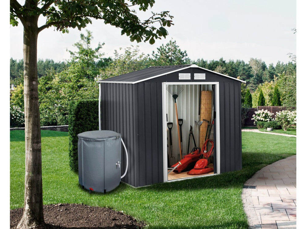 Gerätehaus aus Metall - "Vegas" - 5,29 m² mit Dachrinne und Wasserauffangbehälter - Grau