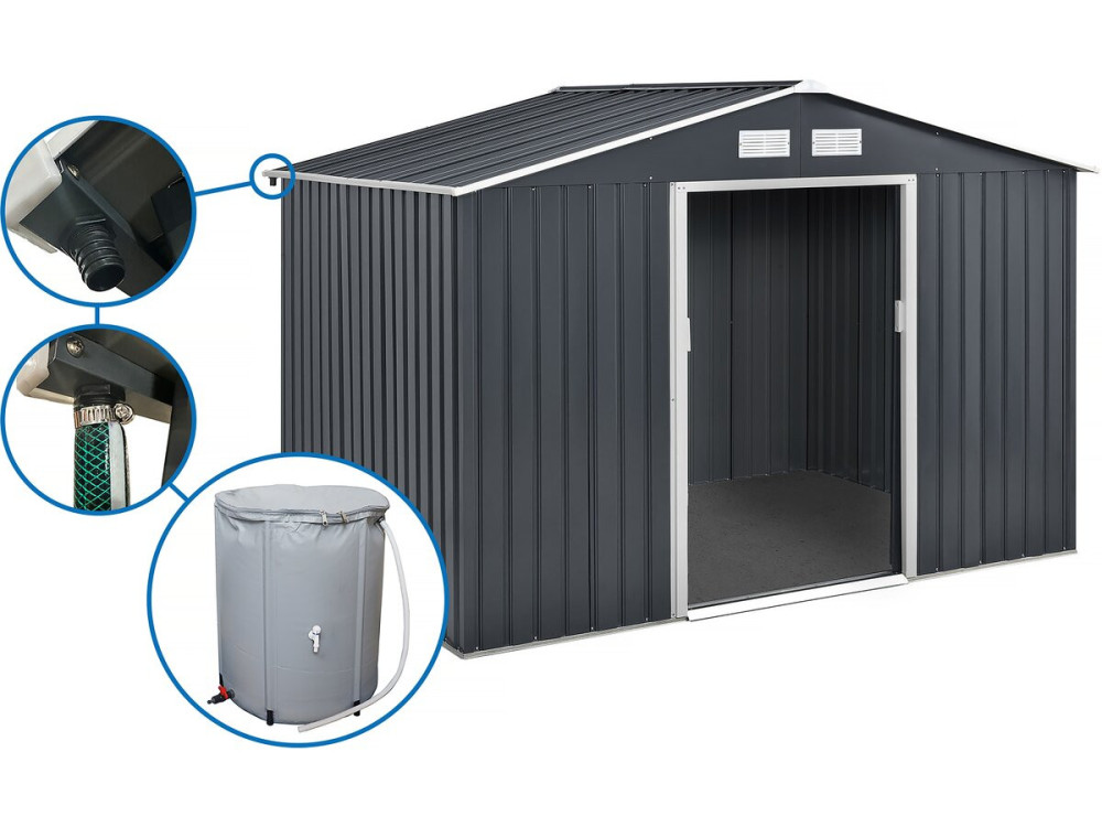 Gerätehaus aus Metall - "Vegas" - 7,06 m² mit Dachrinne und Wasserauffangbehälter - Grau