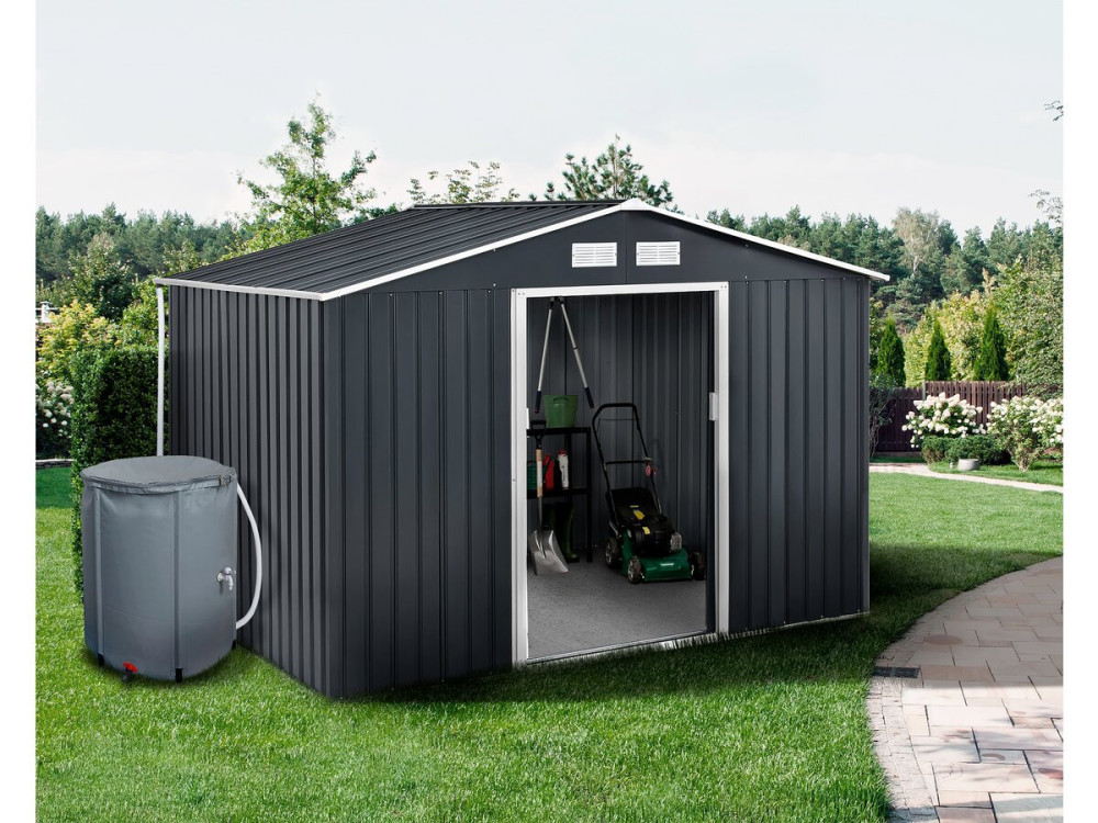 Gerätehaus aus Metall - "Vegas" - 7,06 m² mit Dachrinne und Wasserauffangbehälter - Grau