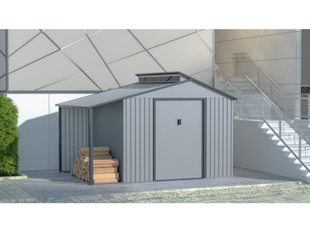 Gerätehaus aus Metall mit Unterstand "Madras" - 9,12 m² - 355 x 257 x 237 cm - Grau