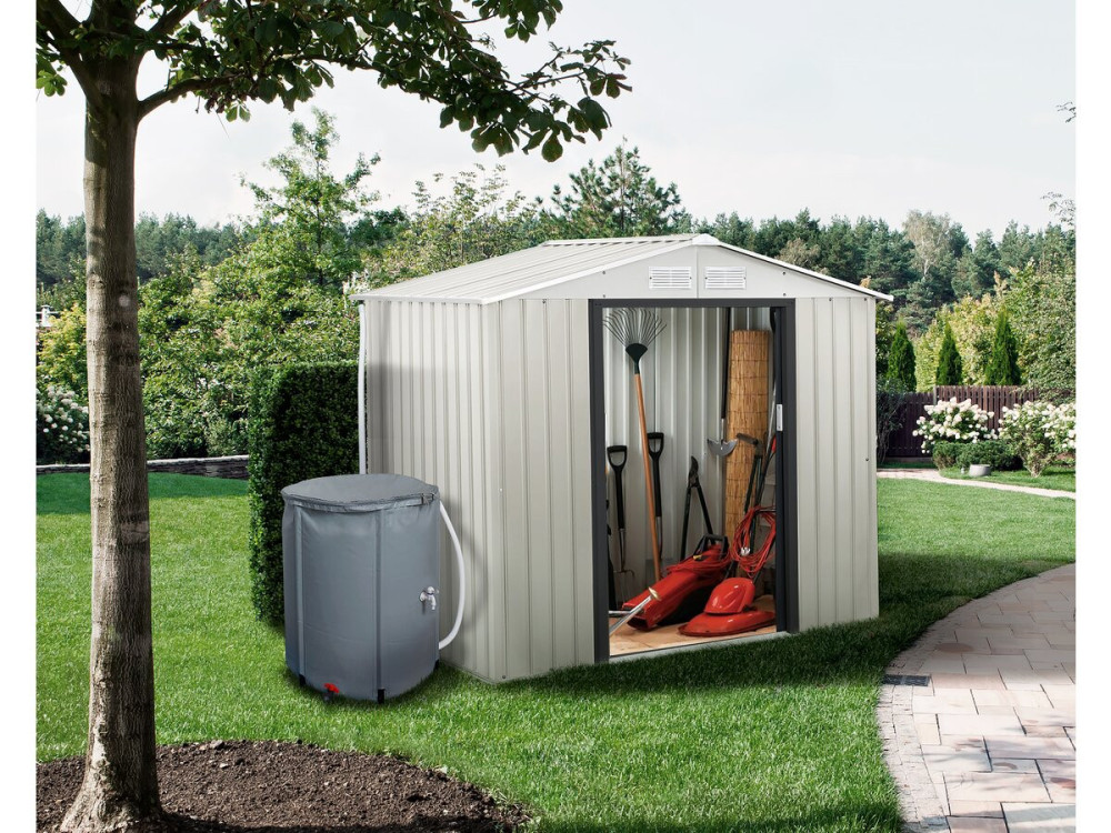 Gerätehaus aus Metall "Nebraska" - 4,07 m² mit Wasserauffangbehälter und Dachrinne