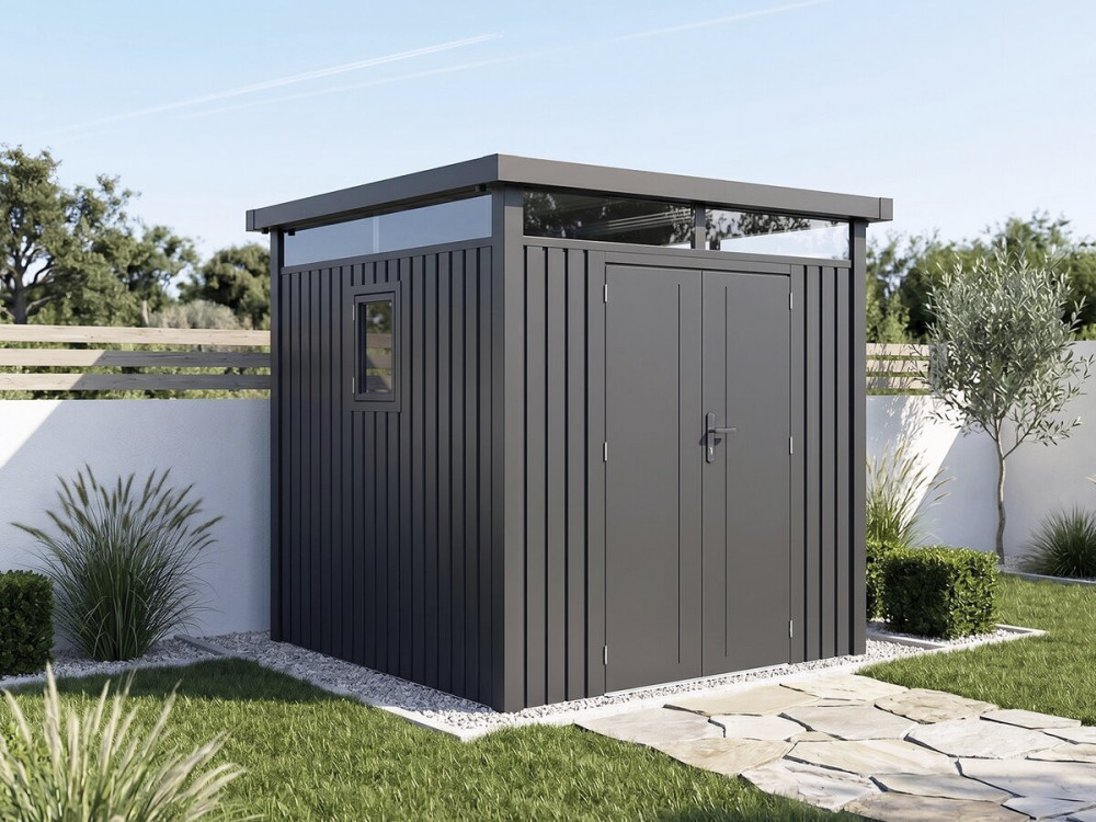 Premium-Gartenhaus aus Metall mit Flachdach und Flügeltür „Lexinton“ – 5,29 m² – Grau
