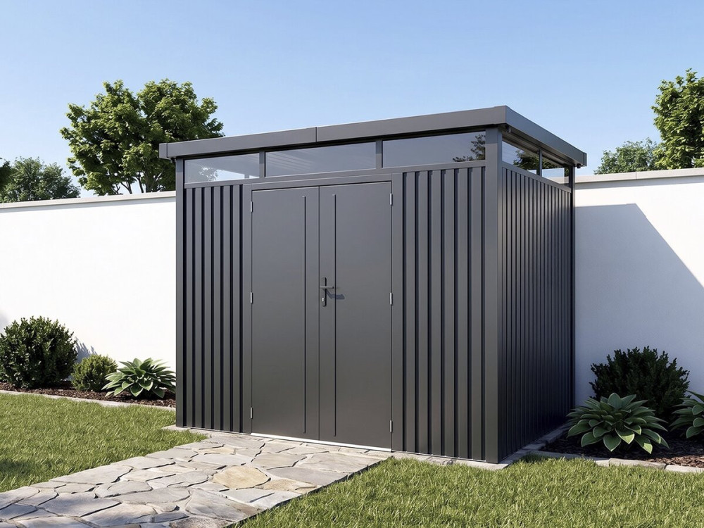Premium-Gartenhaus aus Metall mit Flachdach und Flügeltür „Lexinton“ – 6,76 m² – Grau
