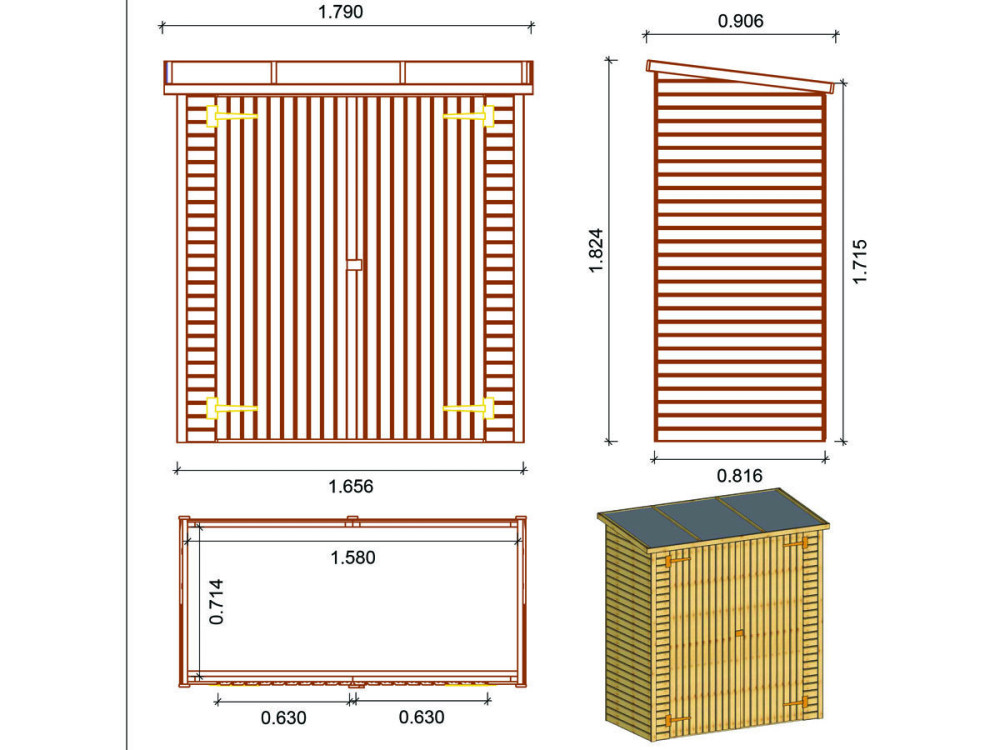 GERÄTEHAUS AUS HOLZ AN WAND AUFSTELLBAR LIPKI - 1,79 x 0,90 x 1,78/1,87 m