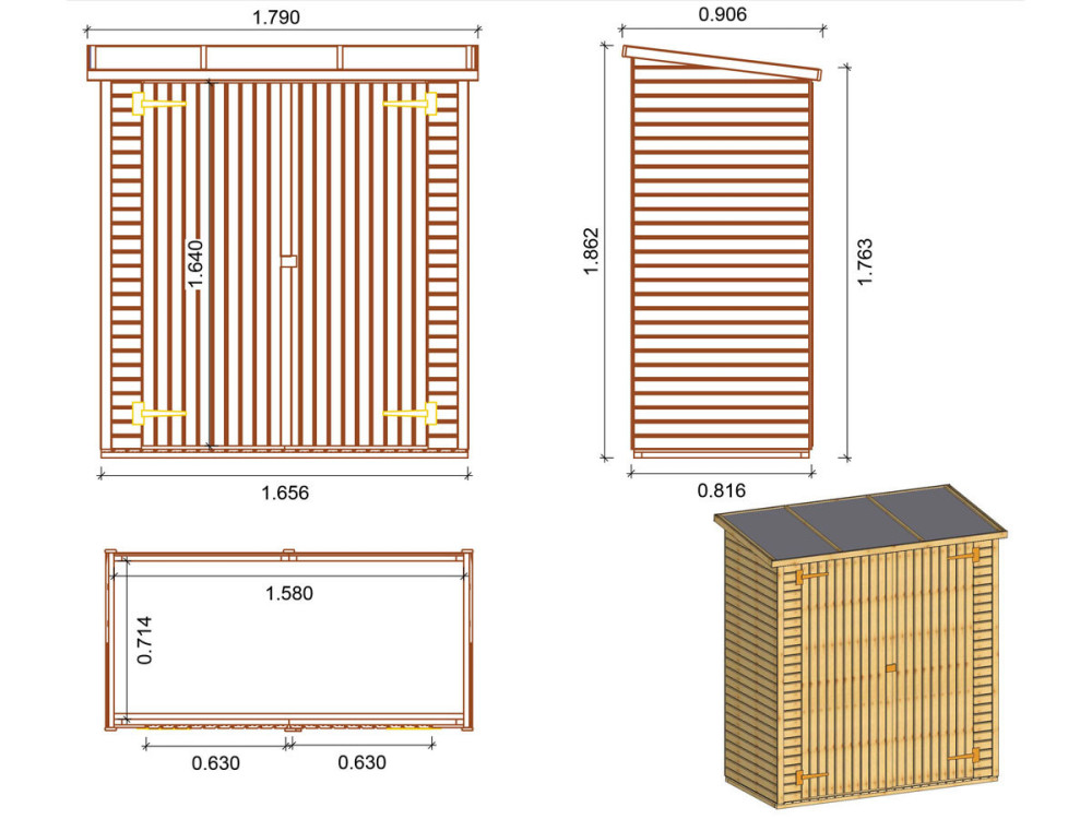 Gerätehaus aus Holz an Wand aufstellbar "Lipki". - 1,79 x 0,9 x 1,78/1,87 m  - 1,61 m² - 12 mm - Mit Fußboden