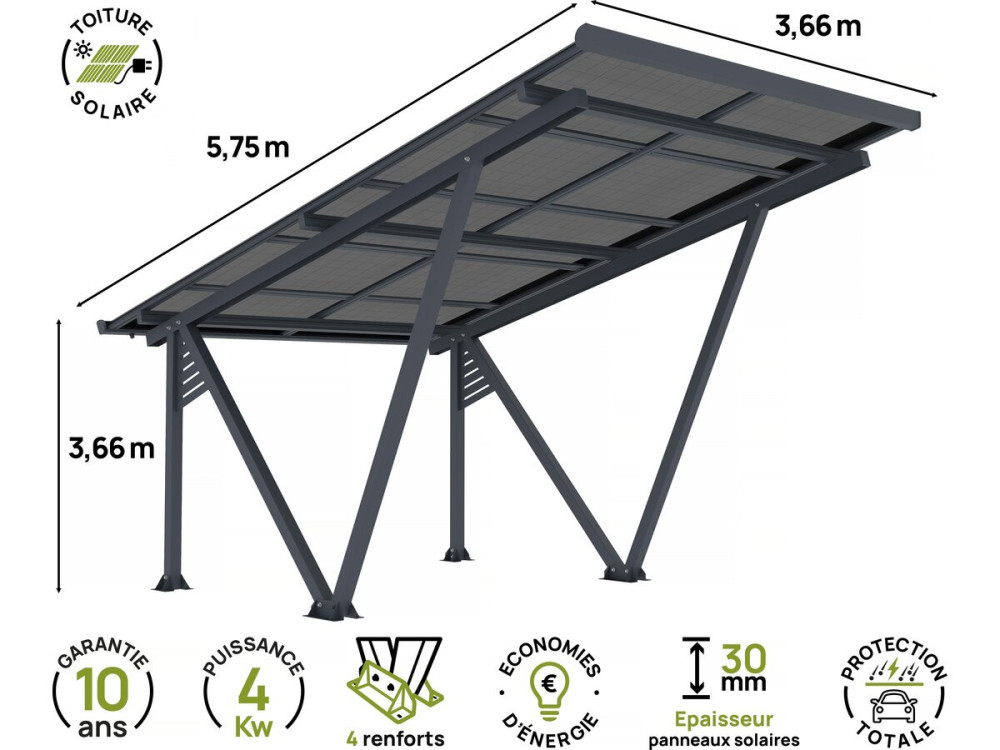 Schattenspendendes Solar-Carpot mit Photovoltaik-Paneelen - 366 x 575 x 366 cm - Grau - 4,1 kW