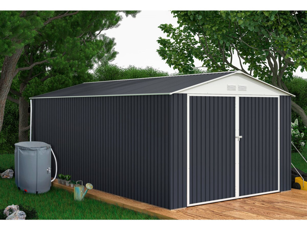 Metallgarage „Houston“ - 15,36 m² mit Dachrinne und Wasserauffangbehälter - Anthrazit