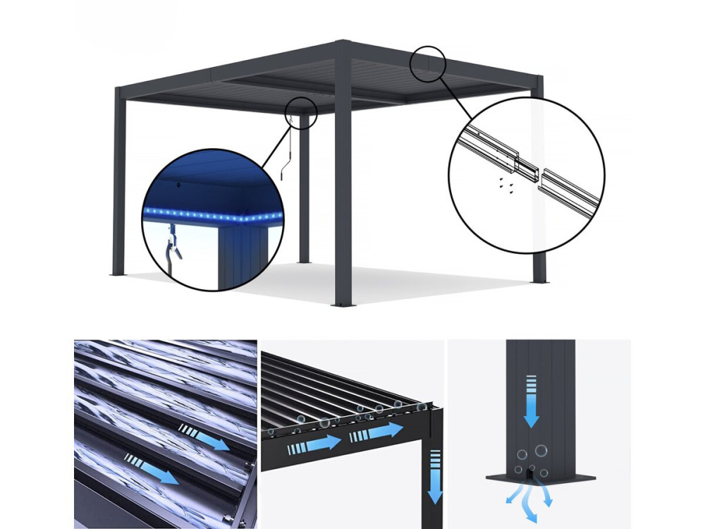 Bioklimatische Pergola mit Led "Windsor Premium" aus Aluminium 3 x 4 m - Grau