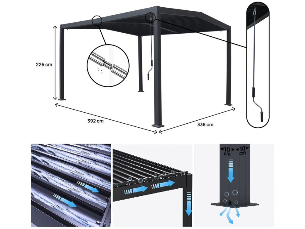 Bioklimatische Pergola mit 2 Dachteilen "Victoria" aus Aluminium und Metall- 3,5 x 4 m - Grau
