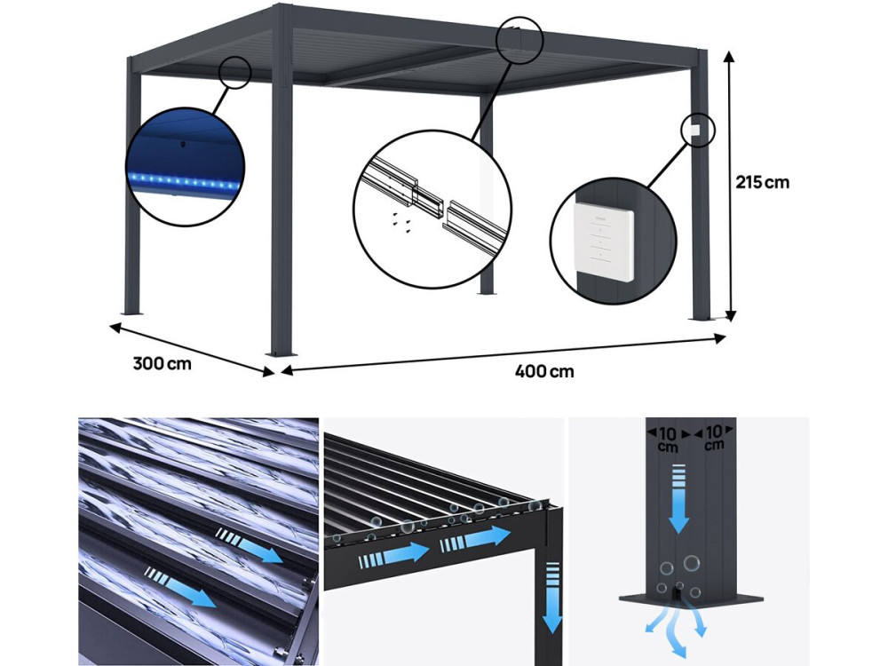 Bioklimatische Pergola "Windsor Premium" mit LED aus Aluminium 3 x 4 m - Grau