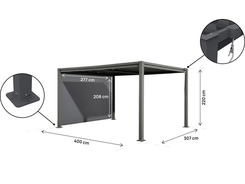 Bioklimatische Pergola mit Markise aus verzinktem Stahl "Howard" - 3 x 4 m - Grau