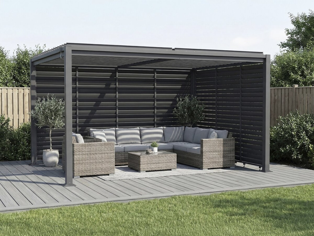 Bioklimatische Pergola mit 7 Jalousien aus verzinktem Stahl "Howard" - 3 x 4 m - Grau
