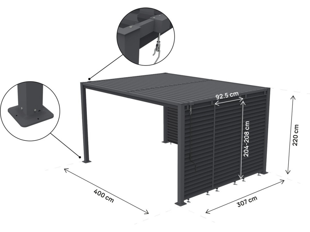 Bioklimatische Pergola mit 7 Jalousien aus verzinktem Stahl "Howard" - 3 x 4 m - Grau